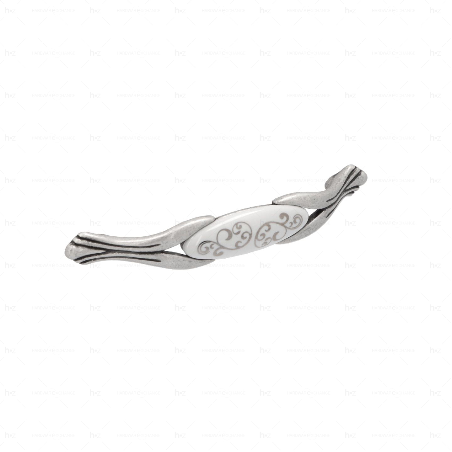Poignée pour meubles en zamac et Porcelaine Entraxe 128 Vieil argent brillant Lot de 25