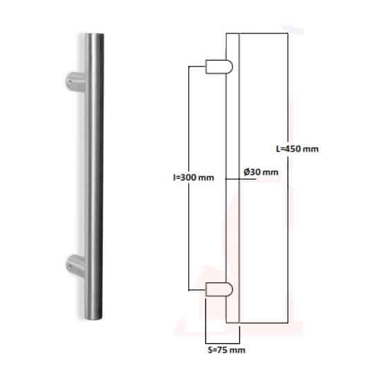 Poignée de tirage Diamètre 30 mm - Entraxe=300 - S=75 - L=450 mm - INOX 304 poli - Gris / argent, Acier inoxydable - Imagen 3