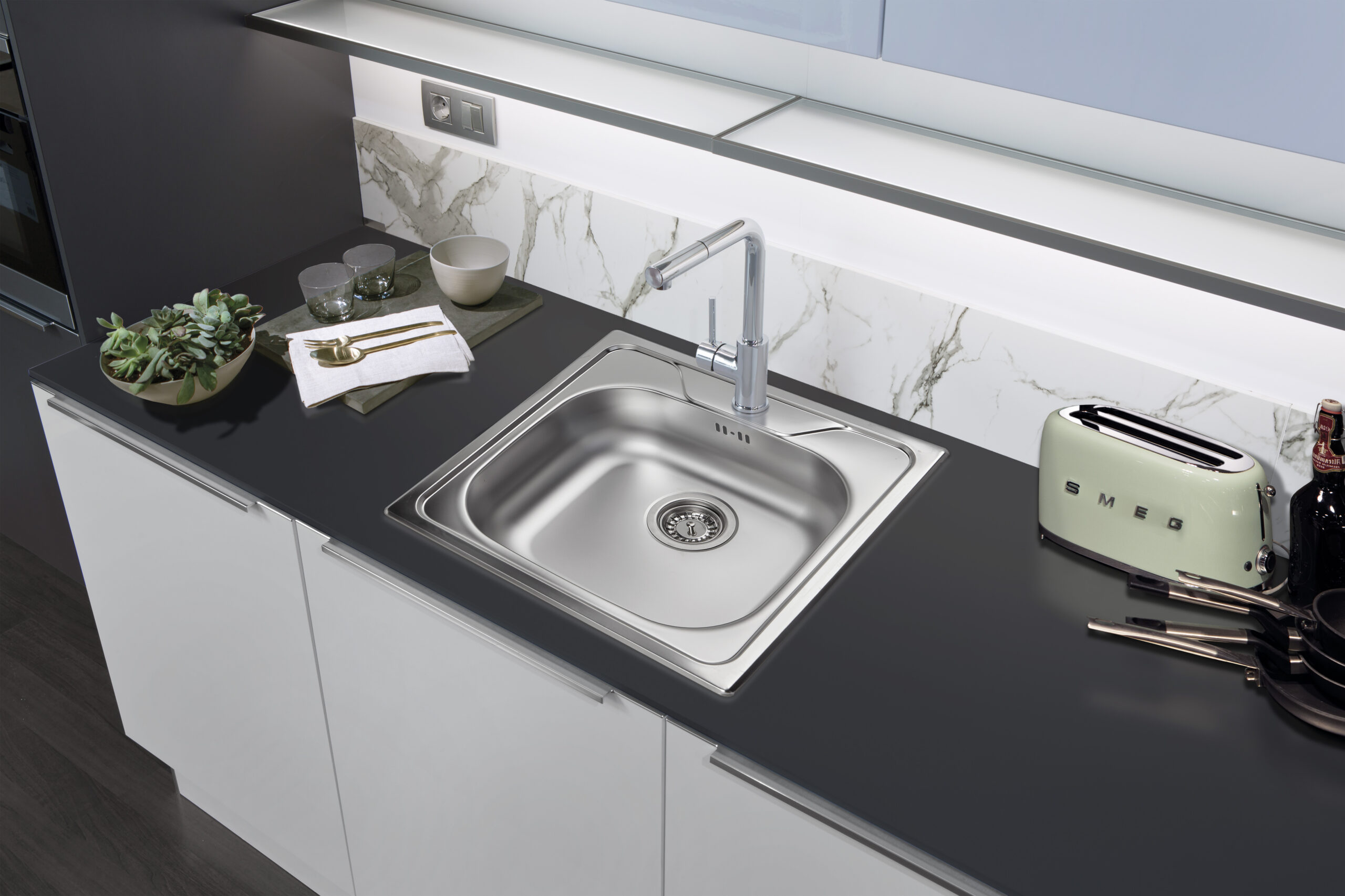Évier de cuisine, 1 bac, inox satiné. - Gris / argent, Acier inoxydable – Image 2