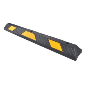 Butée de parking L1220xl150xh100 mm en caoutchouc vulcanisé noir avec bandes réfléchissantes jaune.