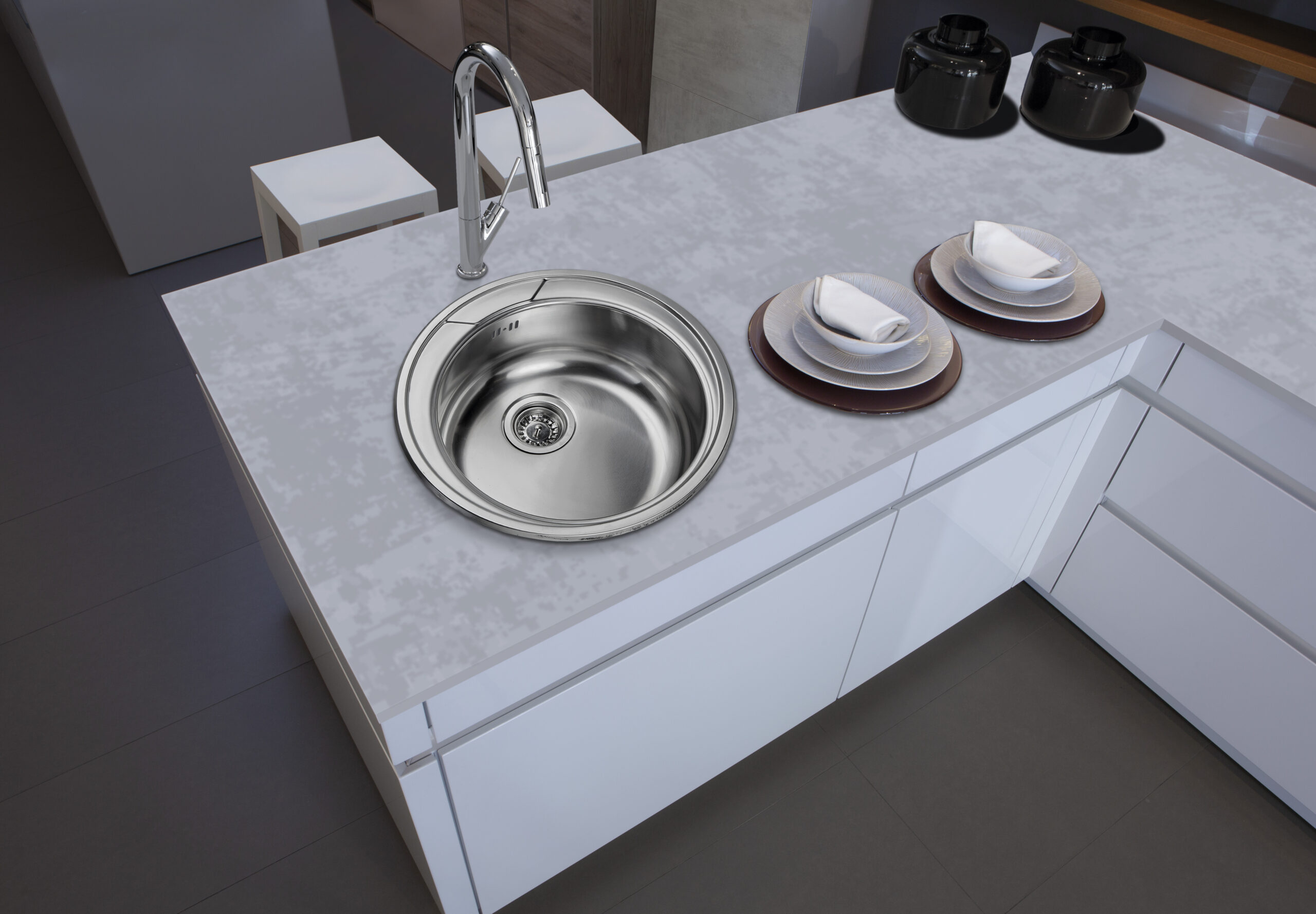 Évier de cuisine, 1 bac rond, inox satiné. - Gris / argent, Acier inoxydable - immagine 2