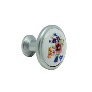 Bouton de meuble en porcelaine blanc, sur base chrome mat d 32 mm – Gris / argent