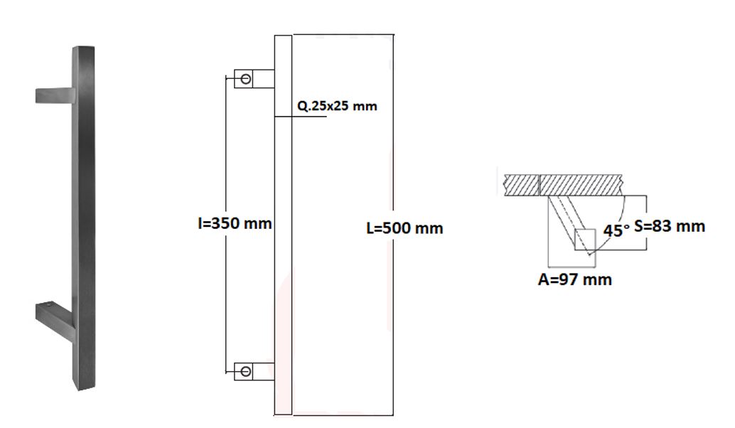 Poignée de tirage Carrée 25x25 mm - Entraxe=350 - S=85 - A=70 - L=500 mm - incliné 45° - INOX 304 Laqué RAL 9005 Noir Mat - Acier inoxydable – Image 4