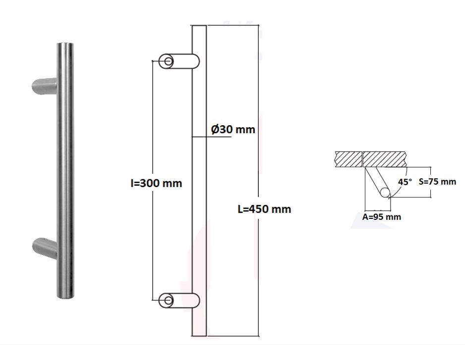 Poignée de tirage Diamètre 30 mm - Entraxe=300 - S=80 - A=70 - L=450 mm - inclinée 45° - INOX 304 poli - Gris / argent, Acier inoxydable - Imagen 4