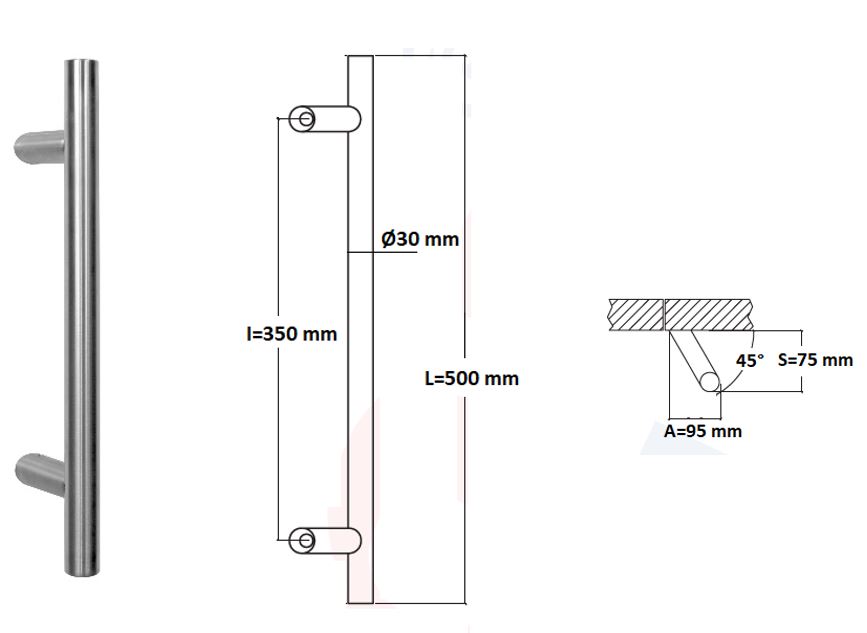 Poignée de tirage Diamètre 30 mm - Entraxe=350 - S=80 - A=70 - L=500 mm - inclinée 45° - INOX 304 Laqué RAL 9005 Noir Mat - Acier inoxydable – Image 4