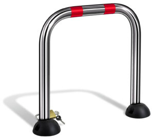 Barriére de parking *premium*arceau, a cadenas, rabattable 2 pieds, Fixation par Etriers a sceller – Gris / argent, Acier