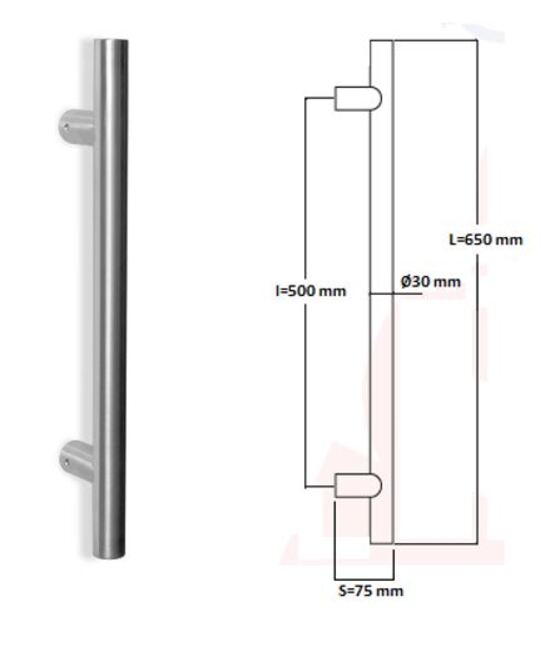 Poignée de tirage Diamètre 30 mm - Entraxe=500 - S=75 - L=650 mm - INOX 304 Brossé grain 240 - Gris / argent, Acier inoxydable – Image 2