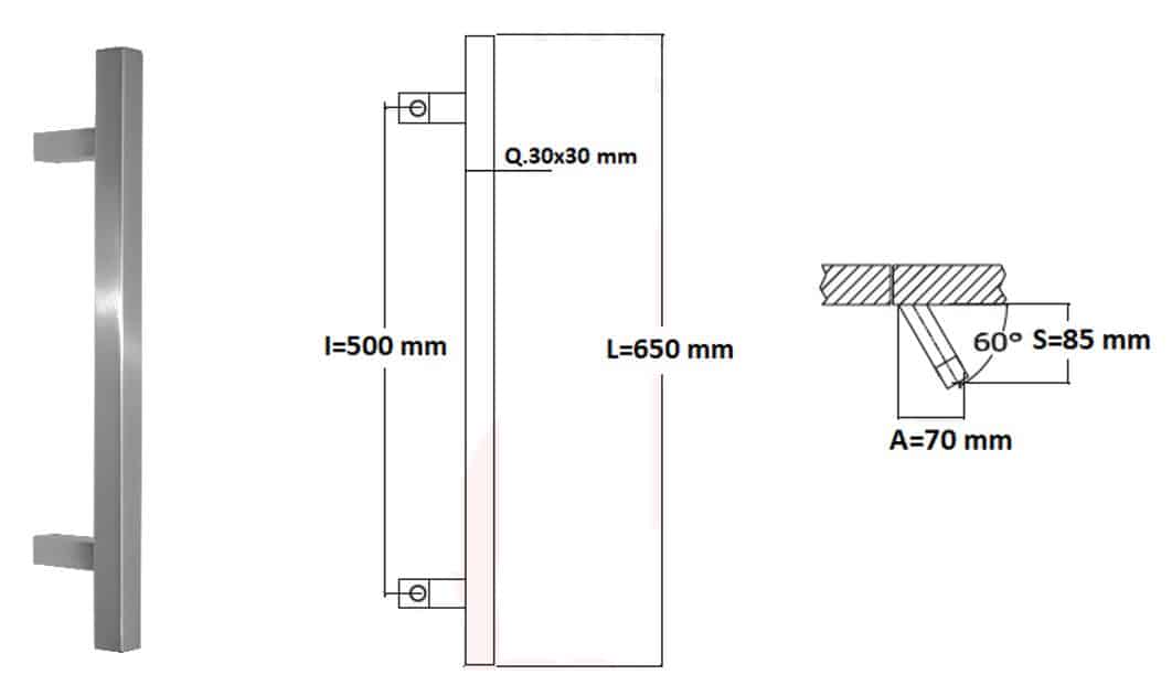 Poignée de tirage Carrée 30x30 mm - Entraxe=500 - S=85 - A=70 - L=650 mm - incliné 60° - INOX 304 Laqué RAL 9005 Noir Mat - Acier inoxydable – Image 4