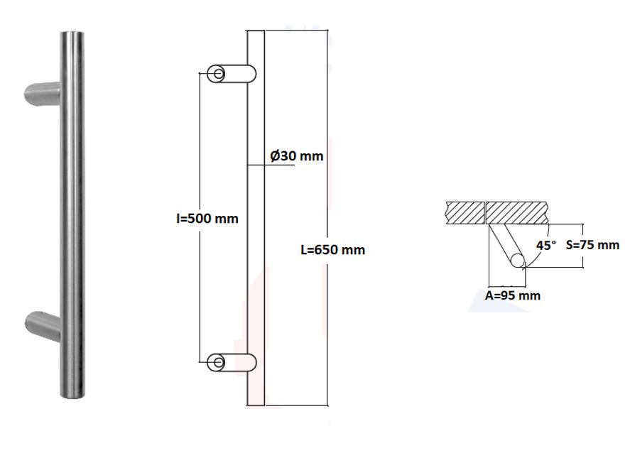 Poignée de tirage Diamètre 30 mm - Entraxe=500 - S=80 - A=70 - L=650 mm - inclinée 45° - INOX 304 poli - Gris / argent, Acier inoxydable - Imagen 4