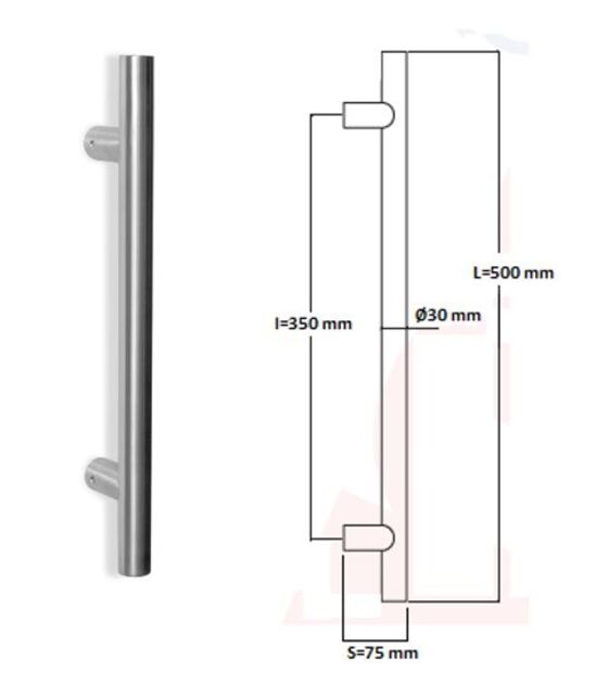 Poignée de tirage Diamètre 30 mm - Entraxe=350 - S=75 - L=500 mm - INOX 304 Brossé grain 240 - Gris / argent, Acier inoxydable – Image 2