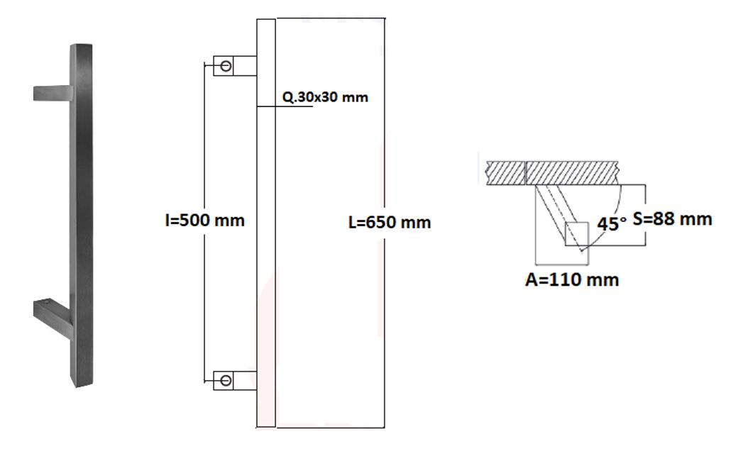 Poignée de tirage Carrée 30x30 mm - Entraxe=500 - S=90 - A=75 - L=650 mm - incliné 45° - INOX 304 poli - Gris / argent, Acier inoxydable – Image 4