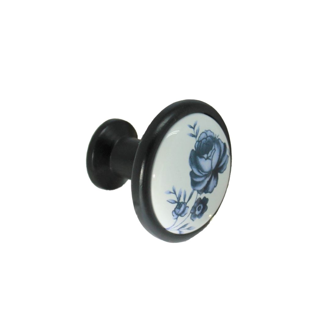 Bouton de meuble en porcelaine blanc, sur base noir mat d 32 mm