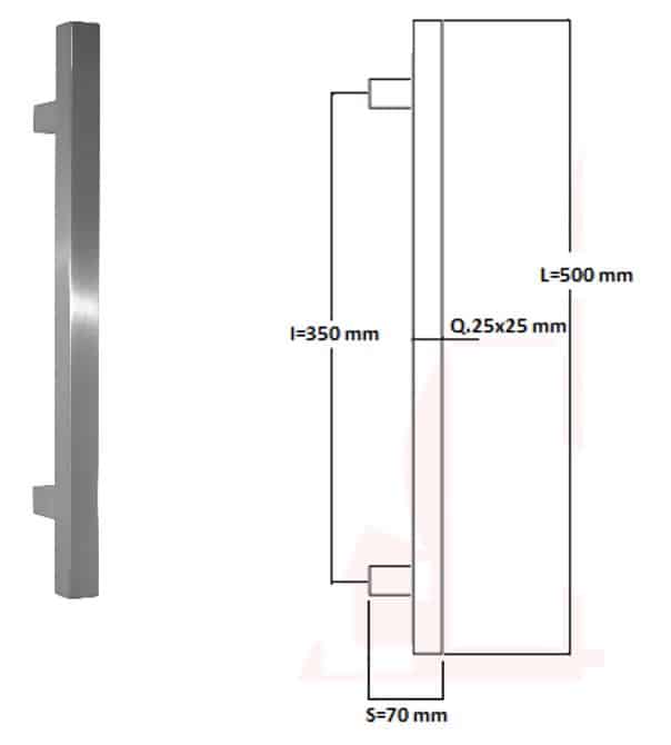 Poignée de tirage Carrée 25x25 mm - Entraxe=350 - S=70 - L=500 mm - INOX 304 poli - Gris / argent, Acier inoxydable - Imagen 4