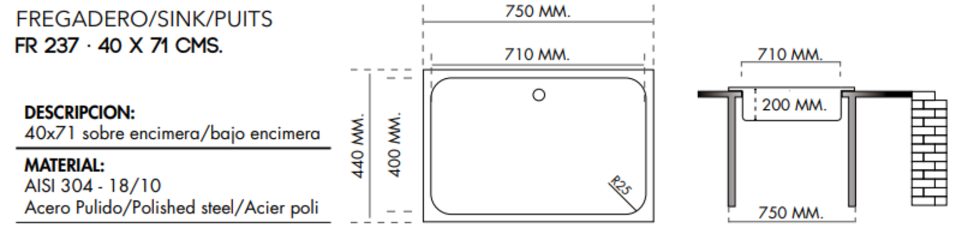 Évier de cuisine, 1 bac, inox satiné. - Gris / argent, Acier inoxydable – Image 3