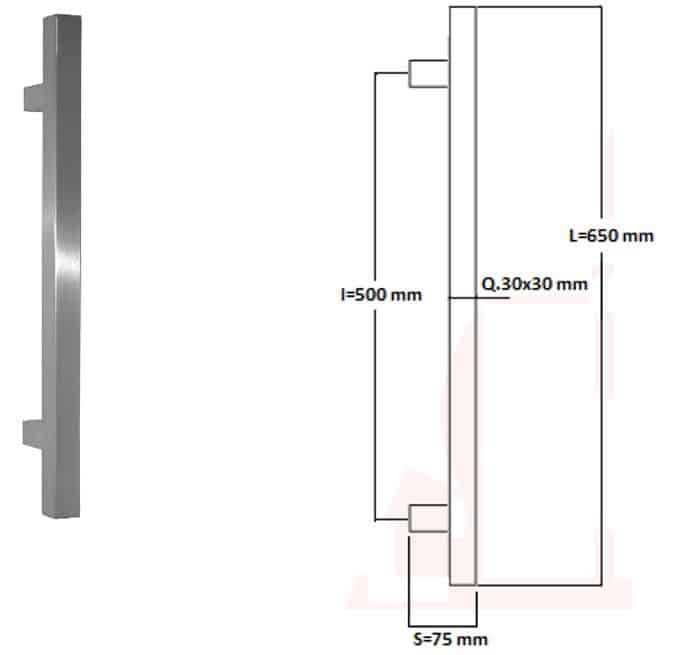 Poignée de tirage Carrée 30x30 mm - Entraxe=500 - S=75 - L=650 mm - INOX 304 Laqué RAL 9005 Noir Mat - Acier inoxydable - Imagen 4