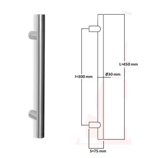 Poignée de tirage Diamètre 30 mm - Entraxe=300 - S=75 - L=450 mm - INOX 304 Brossé grain 240 - Gris / argent, Acier inoxydable – Image 2