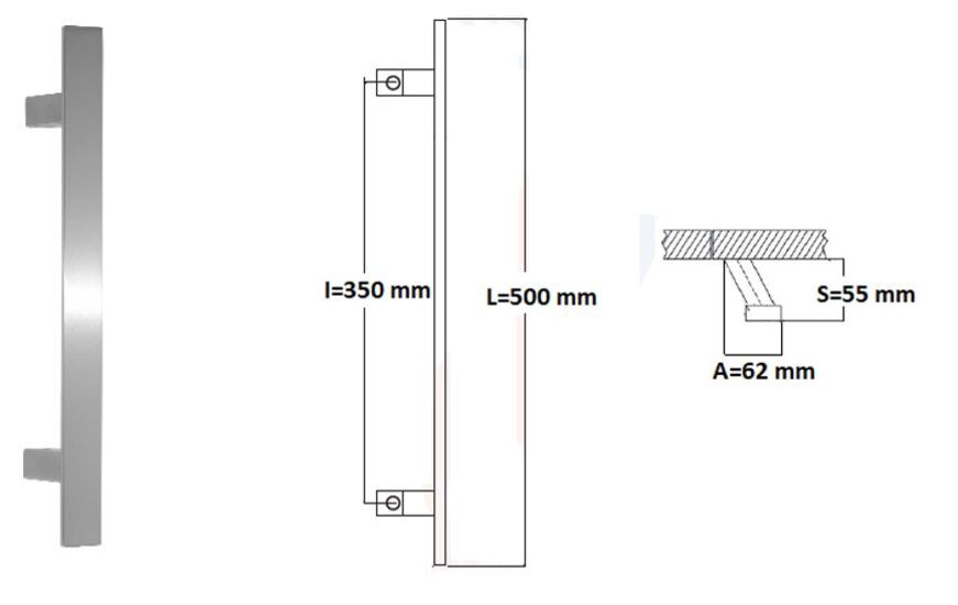 Poignée de tirage - inclinée 60° - Rectangle 40x10 mm - Entraxe=350 - S=55 -A=62 - L=500 mm - INOX 304 Brossé grain 240 - Gris / argent, Acier inoxydable - Imagen 3