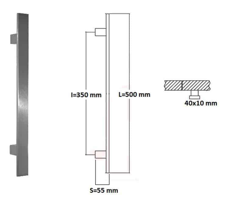 Poignée de tirage Rectangle 40x10 mm - Entraxe=350 - S=55 - L=500 mm - INOX 304 Laqué RAL 9005 Noir Mat - Acier inoxydable - Imagen 4