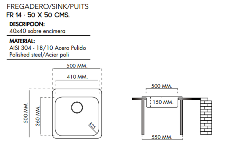Évier de cuisine, 1 bac, inox satiné. - Gris / argent, Acier inoxydable – Image 3