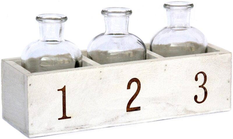 Support en bois  avec 3 bouteilles en verre hauteur 10 cm - Blanc