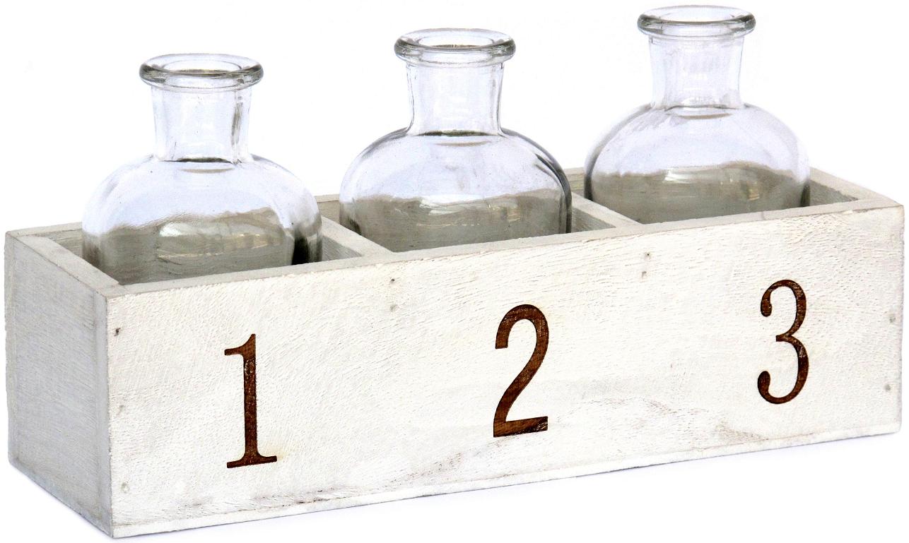 Support en bois avec 3 bouteilles en verre hauteur 10 cm - Blanc
