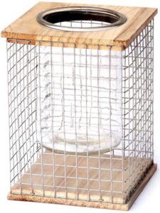 Porte bougie en grillage et bois,avec pot en verre – Gris / argent