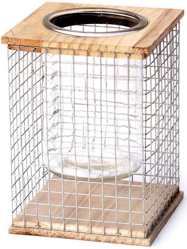 Porte bougie en grillage et bois,avec pot en verre - Gris / argent