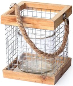 Bougeoir bois et grillage avec poignée en corde, Pot en verre – Gris / argent