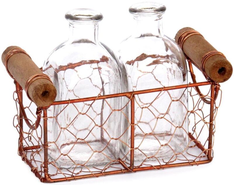 Porte 2 bouteilles en cuivre 13x7x hauteur 6,5 cm avec 2 bouteilles 5x5 x hauteur 11cm 125 ml - Orange / cuivré