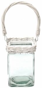 Porte bougie en verre et osier, 10×10 cm – Blanc, Cristal