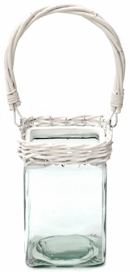 Porte bougie en verre et osier, 10x10 cm - Blanc, Cristal