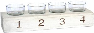 Porte bougie en bois 4 verres, 31,5×8,5 x H5/8cm – Blanc