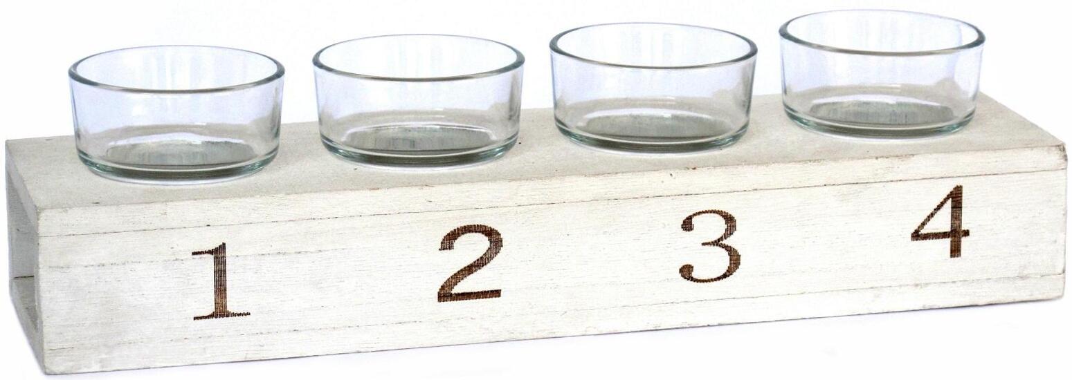 Porte bougie en bois 4 verres, 31,5x8,5 x H5/8cm - Blanc