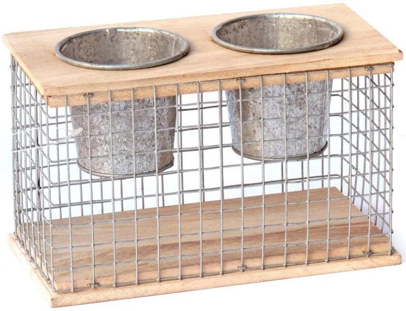Petite jardinière double en grillage en fer, avec 2 Pots - Gris / argent, Bois