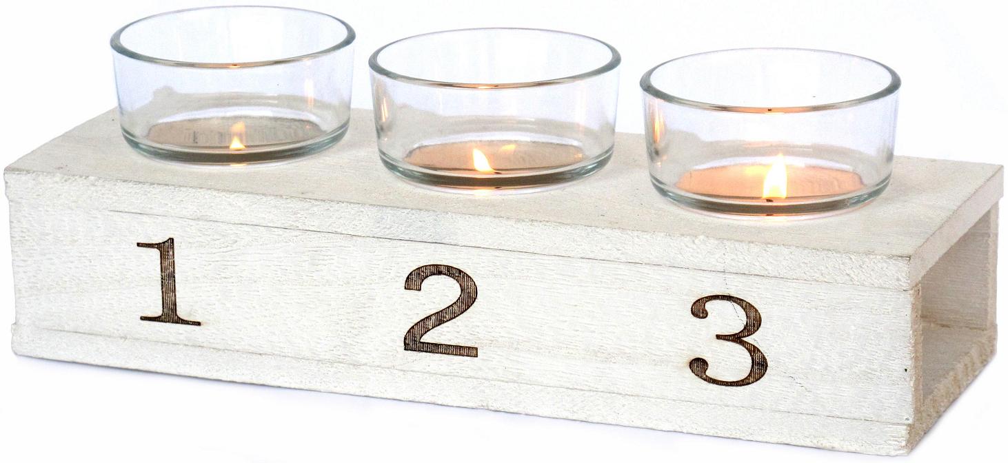 Bougeoir en bois avec 3 verres en verre. - Blanc