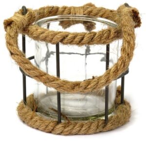 Bougeoir en fer avec corde, avec pot en verre. – Incolore / transparent