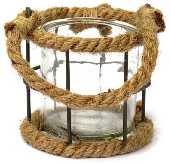 Bougeoir en fer avec corde, avec pot en verre. - Incolore / transparent