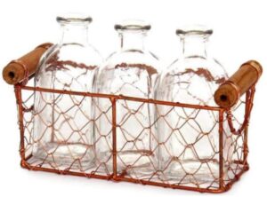 Porte 3 bouteilles en cuivre 16,5×6,5x hauteur 6,5 cm avec 3 bouteilles 5×5 x hauteur 11cm 125 ml
