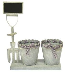 Support 37×13 x h38cm et 2 pots diamètre 13x h13cm en métal gris avec ardoise