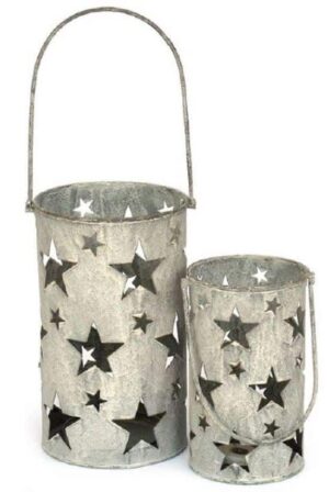 2 portes bougies étoiles en métal gris diamètre 10x h16cm et diamètre 12x h20cm