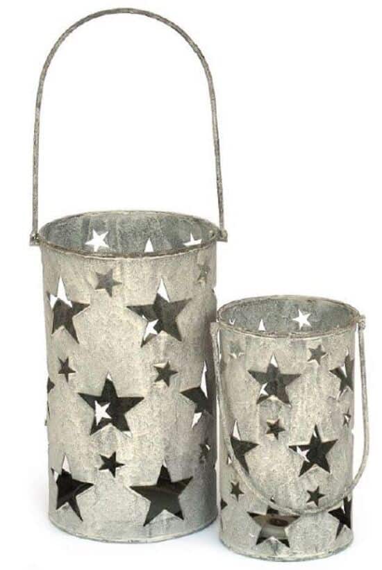 2 portes bougies étoiles en métal gris diamètre 10x h16cm et diamètre 12x h20cm