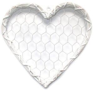 Coeur en osier et grillage 30×30 x h2cm a suspendre BLANC