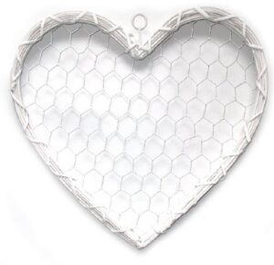 Coeur en osier et grillage 40×40 x h2cm a suspendre BLANC