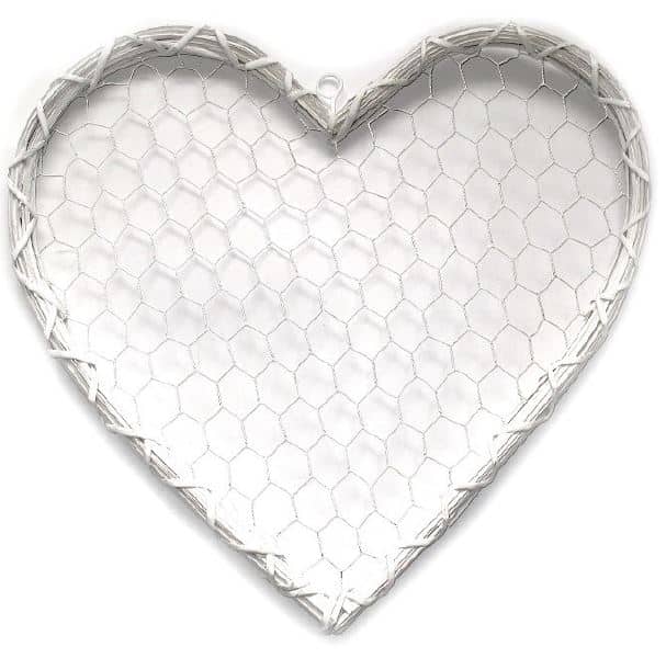 Coeur en osier et grillage 50x50 x h2cm, a suspendre BLANC