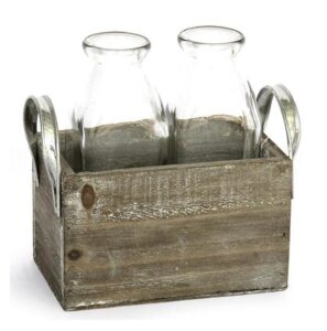 Porte 2 bouteilles, Poignée metal, avec 2 bouteilles en verre. – Marron, Bois