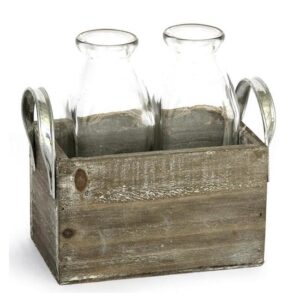 Porte 2 bouteilles, Poignée metal, avec 2 bouteilles en verre. - Marron, Bois