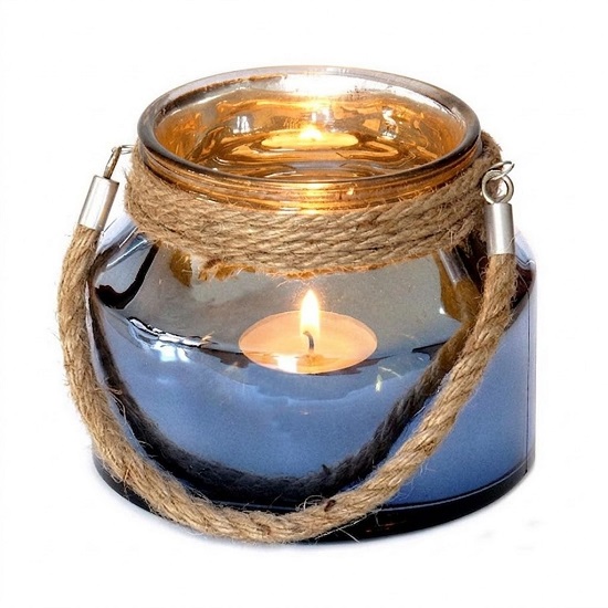 Porte-bougie en verre bleu poignée en corde, D 15,5 cm - Cristal – Image 2