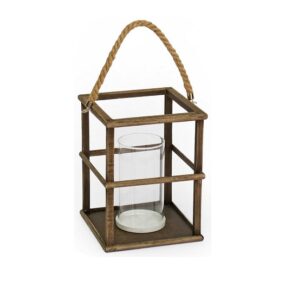 Bougeoir en fer avec grande poignée en corde, avec pot en verre – Marron, Bois