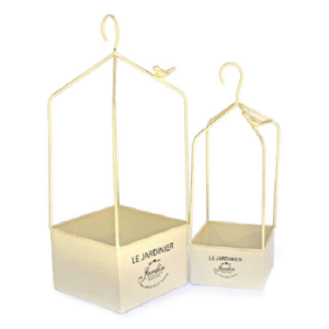 Jardinières cages a suspendre en métal peint beige 14 x 14 x H 41cm-et 18 x 18 x H 51cm – Fer