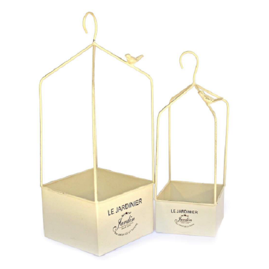 Jardinières cages a suspendre en métal peint beige 14 x 14 x H 41cm-et 18 x 18 x H 51cm - Fer